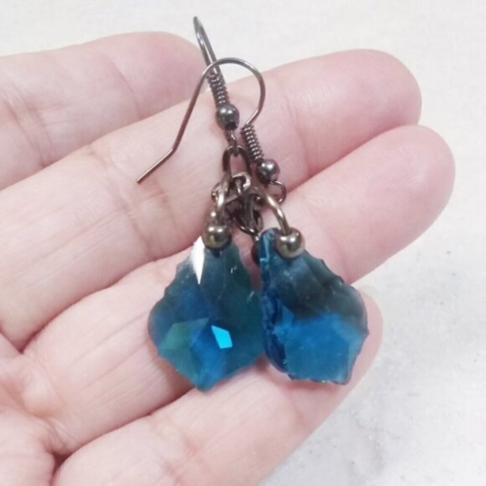 Fancy Cut Glass Drop Earrings - Blue & GunMetal Black! Edgy + Sexy Chandeliers - Picture 5 of 8